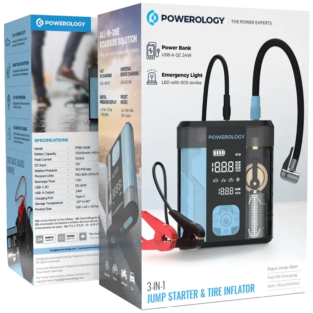 جامپ استارتر و پمپ باد و پاوربانک پاورولوژی Powerology 3-In-1 -PPBCHA96BKBU - تصویر 3